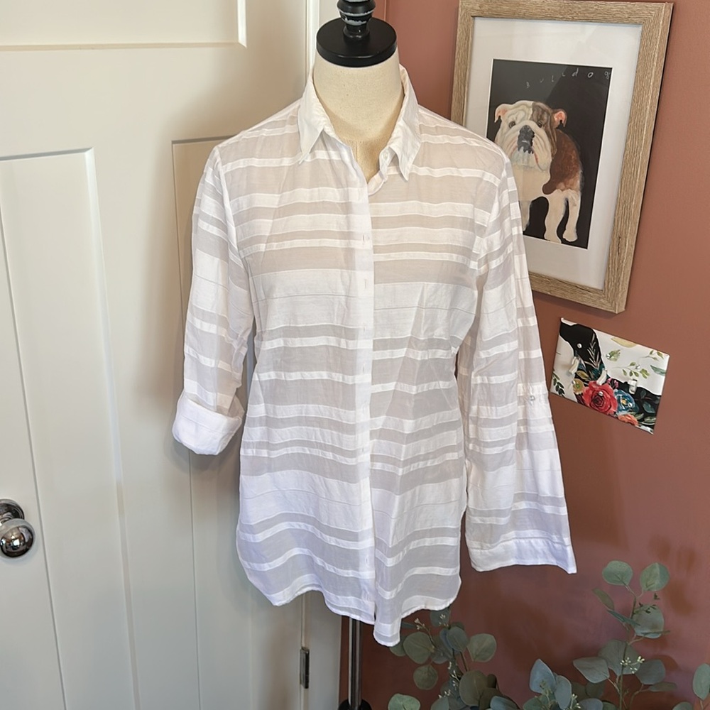 Anne Fontaine Lany White sheer striped pattern Button-Up 10 rolled sleeve Shirt - Picture 13 of 13